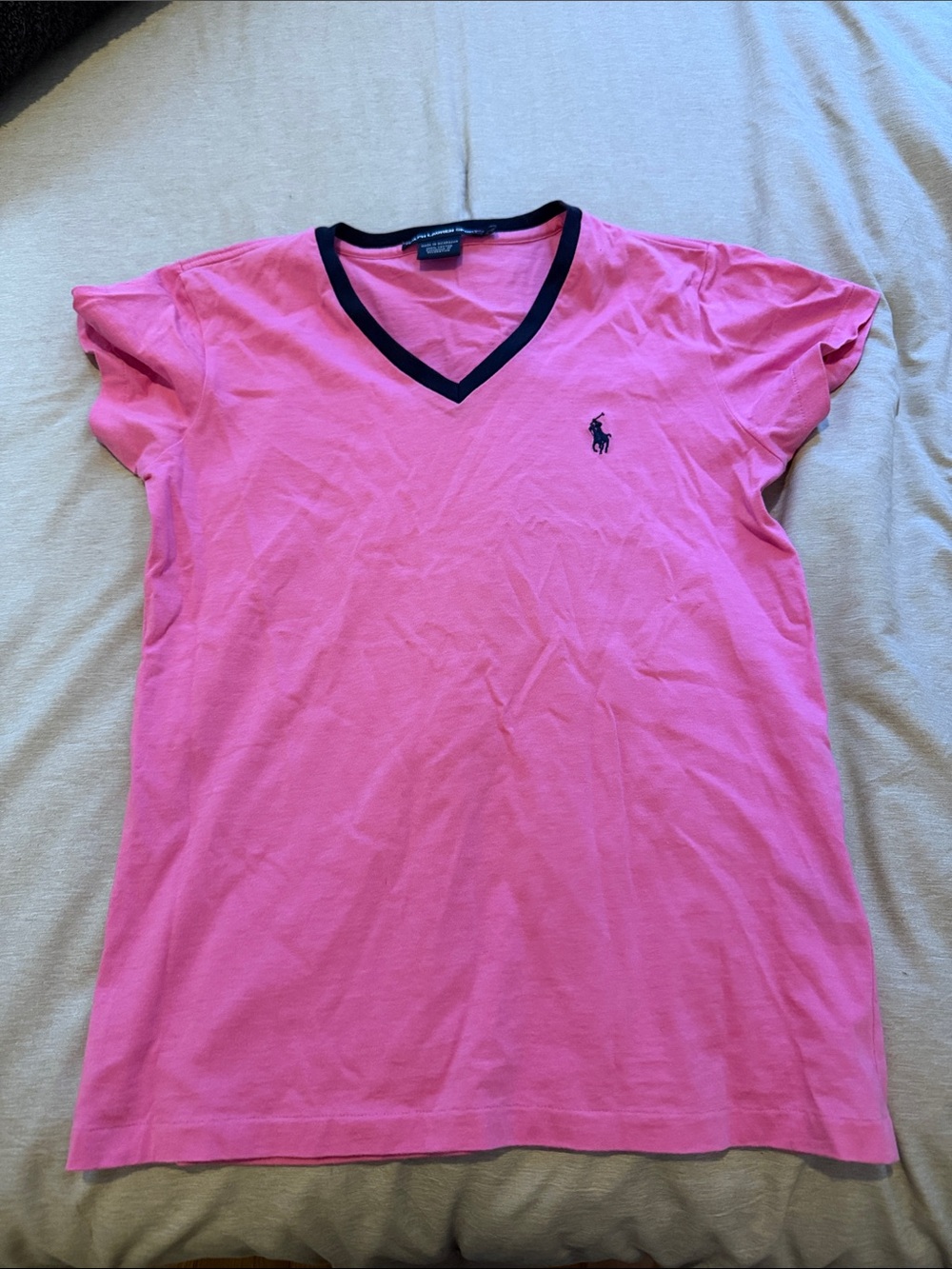 Vintage 2010s Ralph Lauren Sport Pink V-Neck Tee with Navy Trim